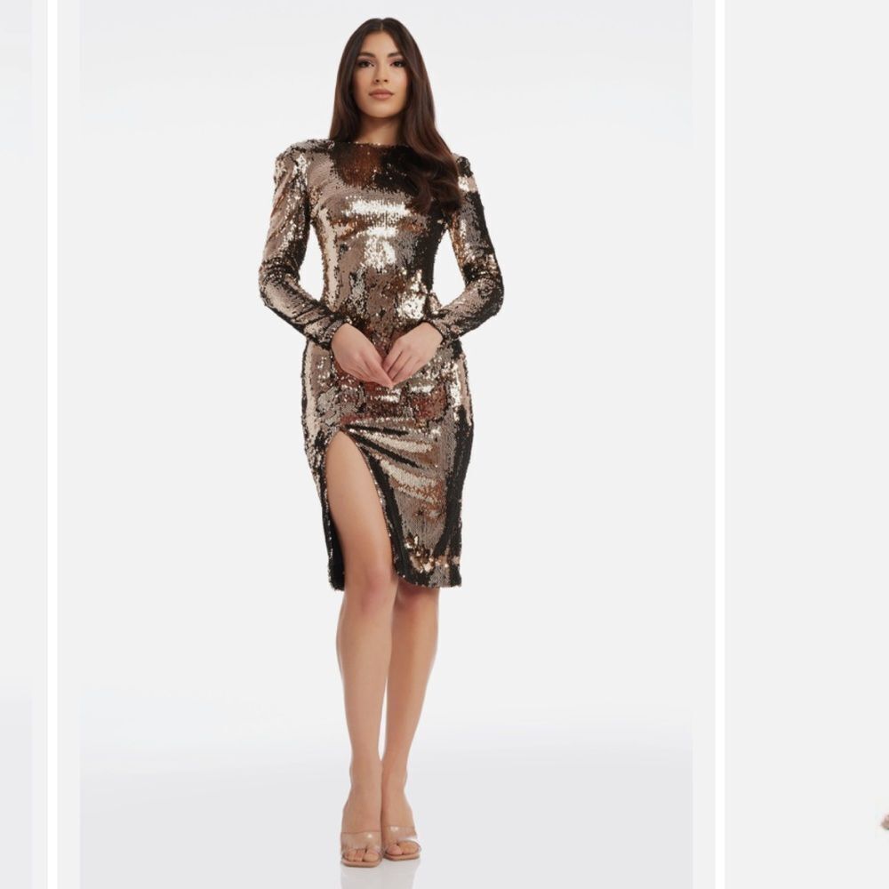 Dress The Population Natalie Long Sleep Low Back Sequin Dress Gold, Size XL, NWT